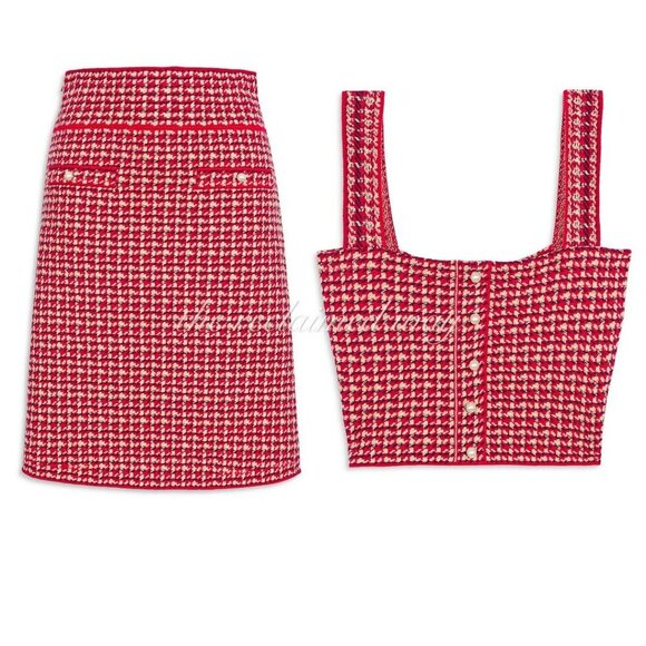 Sandro Tweed Matching Set Two Piece Daniella Crop Top Blandine Skirt Red Pearls - Picture 3 of 15